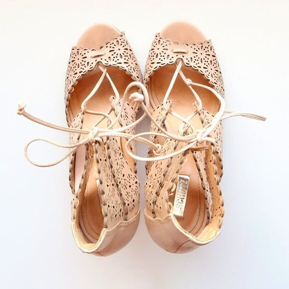 Schutz Tan Perforated Leather Heels Lace-up Peep Toe Summer Shoes Size 6.5 - Picture 3 of 16